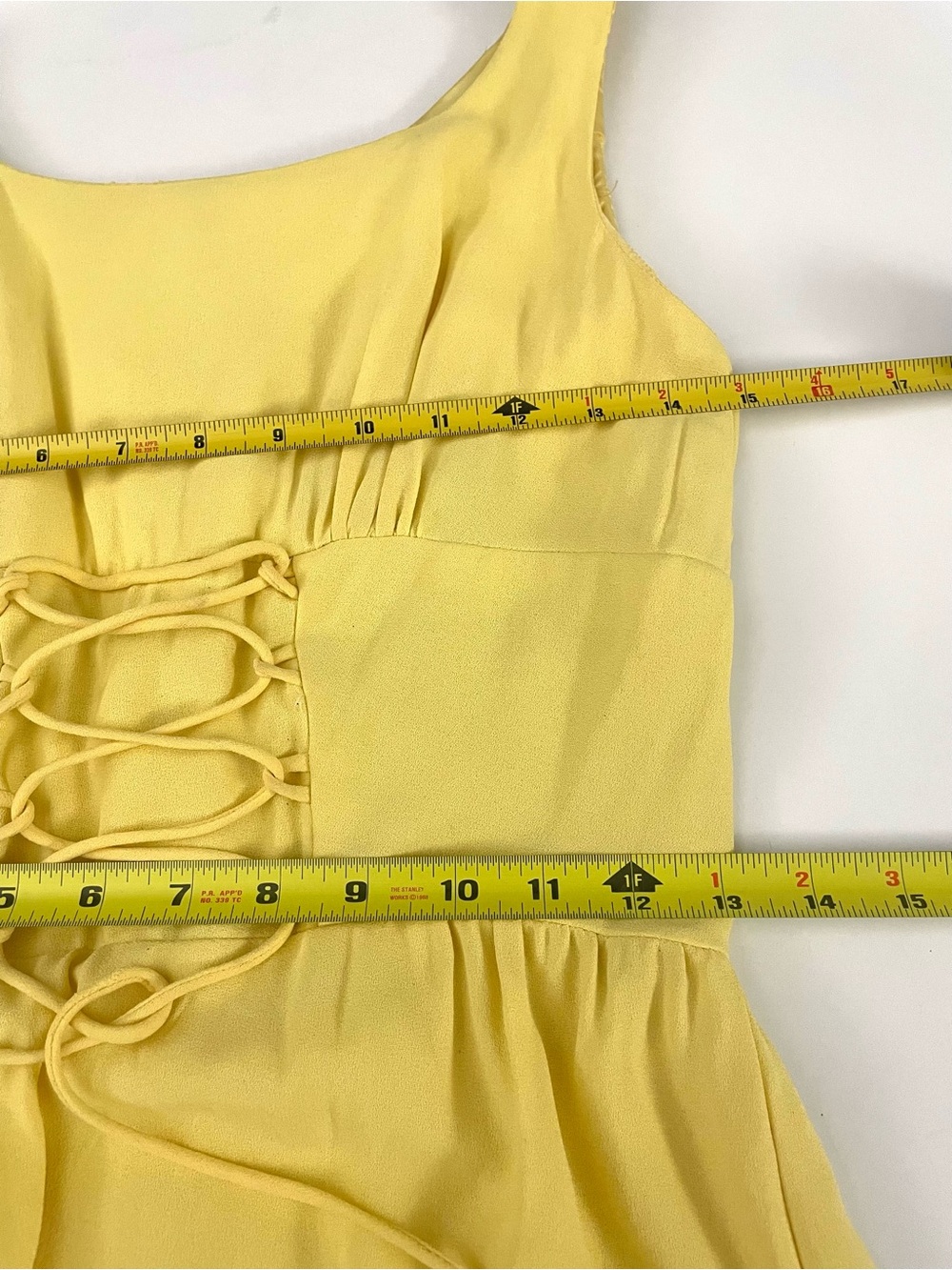Vintage 60s Lemon Yellow Lace Up Corset Waist Dress Sleeveless Fit & Flare - Picture 11 of 16
